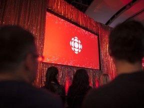 The CBC logo is projected onto a screen during the CBC's annual upfront presentation at The Mattamy Athletic Centre in Toronto, Wednesday, May 29, 2019.