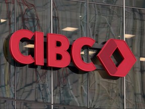 The CIBC logo is seen on a building in Toronto, Sept. 27, 2021.
