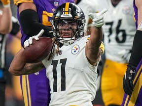 Pittsburgh Steelers wide receiver Chase Claypool (centre) celebrates during a crucial drive in the fourth quarter against the Minnesota Vikings on the weekend. Coach Tomlin described the celebration a ‘misstep’.