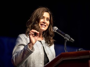 Michigan Gov. Gretchen Whitmer speaks during the Detroit Branch NAACP's 66th Annual Fight For Freedom Fund Dinner at TCF Center in Detroit on Oct. 3, 2021.