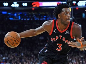 Toronto Raptors' OG Anunoby (3) is defended during the first half of an NBA basketball game  against the Knicks Monday, Nov. 1, 2021, in New York.