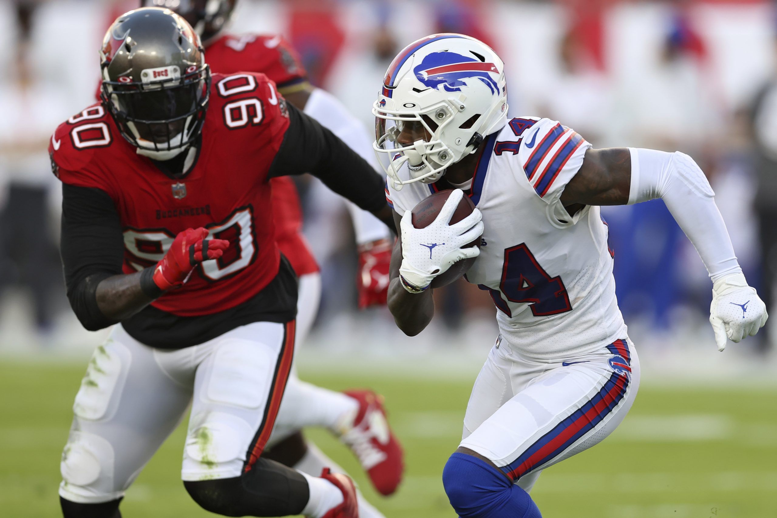 Buffalo Bills wide receiver Stefon Diggs (14) walks off the field at  halftime during an NFL