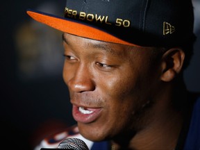 Demaryius Thomas of the Denver Broncos speaks to the media during the Broncos media availability for Super Bowl 50 at the Stanford Marriott on Feb. 4, 2016 in Santa Clara, Calif.