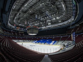 A general view of an empty Rogers Arena after the game between the Calgary Flames and Vancouver Canucks scheduled for Wednesday was postponed due to COVID-19.