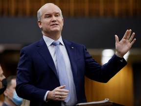 Conservative Party leader Erin O'Toole makes a speech in response to the Throne Speech in the House of Commons on Parliament Hill in Ottawa, Nov. 30, 2021.