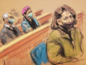 Ghislaine Maxwell, the Jeffrey Epstein associate accused of sex trafficking, wearing a borrowed oversize coat sits in front of her brother Kevin Maxwell and sister Isabel Maxwell during a charging conference in a courtroom sketch in New York City, Dec. 18, 2021.