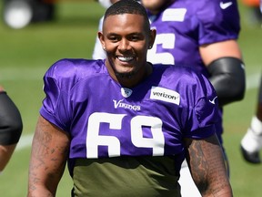 Offensive tackle Rashod Hill of the Minnesota Vikings looks on during training camp on August 18, 2020 at TCO Performance Center in Eagan, Minnesota.