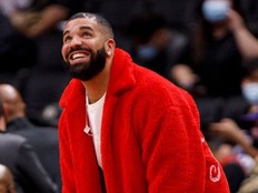 Drake attends a preseason NBA game between the Raptors and Rockets at Scotiabank Arena in Toronto, Oct. 11, 2021.