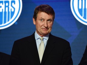 Wayne Gretzky on stage as Philip Broberg is selected as the number eight overall pick to the Edmonton Oilers in the first round of the 2019 NHL Draft at Rogers Arena.