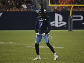 Toronto Argonauts Jalen Collins DB pumps up the fans during a game against the Hamilton Ticats earlier this season at BMO Field.