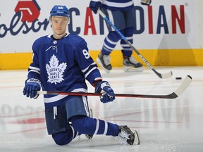 Kirill Semyonov of the Toronto Maple Leafs warms up prior to a game against the New York Rangers at Scotiabank Arena on Nov. 18, 2021 in Toronto.