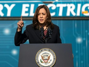 U.S. Vice President Kamala Harris gives remarks after touring the electric vehicle operations at Charlotte Area Transit Systems bus garage in Charlotte, N.C., Dec. 2, 2021.