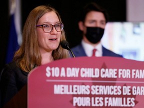 Minister of Families, Children and Social Development Karina Gould takes part in a child care announcement with Prime Minister Justin Trudeau in Ottawa, Dec. 15, 2021.