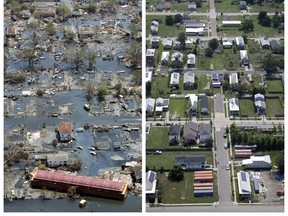 This combination of Sept. 11, 2005 and July 29, 2015 aerial photos show the Lower Ninth Ward of New Orleans flooded by Hurricane Katrina and the same area a decade later. Before Katrina, the Lower Ninth Ward was a working-class and predominantly African-American neighbourhood just outside the city's historic centre.