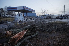 A general view of tornado-damaged businesses in Mayfield, Ky., Saturday, Dec. 11, 2021.