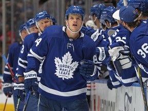 David Kampf of the Toronto Maple Leafs celebrates his goal against the Chicago Blackhawks at Scotiabank Arena on December 11, 2021 in Toronto.