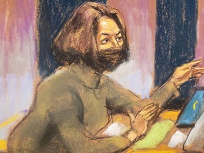 Ghislaine Maxwell confers with her lawyer Bobbi Sternheim during the trial of Maxwell, the Jeffrey Epstein associate accused of sex trafficking, in a courtroom sketch in New York City, Dec. 9, 2021.