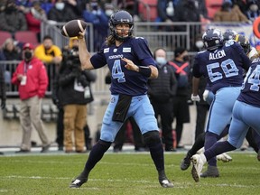 Argonauts quarterback McLeod Bethel-Thompson throws a pass against the Tiger-Cats during the CFL East Division Final game at BMO Field in Toronto.