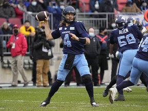 Toronto Argonauts quarterback McLeod Bethel-Thompson throws a pass against the Hamilton Tiger-Cats during the CFL East Division Final game at BMO Field. Hamilton defeated Toronto.