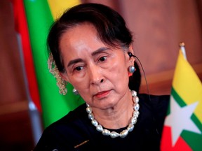 Myanmar's Aung San Suu Kyi attends the joint news conference of the Japan-Mekong Summit Meeting at the Akasaka Palace State Guest House in Tokyo October 9, 2018.