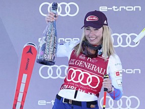 Mikaela Shiffrin of the U.S. takes second place during the Audi FIS Alpine Ski World Cup Women's Giant Slalom in Courchevel, France, Dec. 22, 2021.