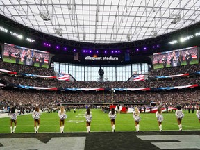 A general overall view of Allegiant Stadium during the playing of the national anthem before the game between the Las Vegas Raiders and the Washington Football Team.