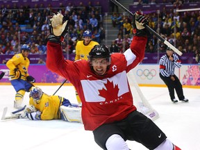 Sidney Crosby of Canada celebrates after scoring his team's second goal during the gold medal match against Sweden at the 2014 Sochi Winter Olympics on February 23, 2014 in Sochi, Russia.