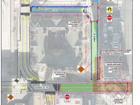 Detail of planned work and closures of Queen St. between Bay and Victoria, expected to close for 7 years to accommodate Ontario Line construction