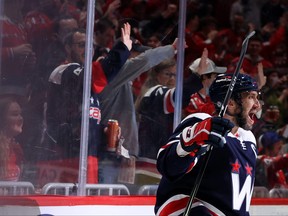 Alex Ovechkin of the Washington Capitals celebrates his goal against the Columbus Blue Jackets during the second period at Capital One Arena on Dec. 4, 2021 in Washington, D.C. The goal was Ovechkin's 750th career goal.