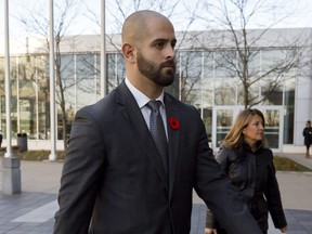 Michael Theriault arrives at the Durham Region Courthouse in Oshawa ahead of Dafonte MIller's testimony, on November 6, 2019.