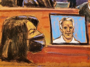 Ghislaine Maxwell, the Jeffrey Epstein associate accused of sex trafficking, attends her trial near an image of Epstein on a screen in a courtroom sketch in New York City on December 2, 2021.