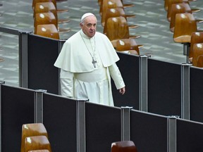 Pope Francis arrives for an audience to children cared for by the Santa Marta Dispensary, on December 19, 2021 at Paul-VI hall in The Vatican.