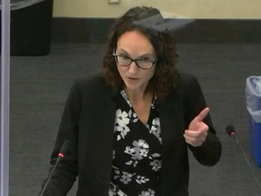 Prosecutor Erin Eldridge makes opening statements in the trial against Kimberly Potter, a former police officer who fatally shot unarmed Black motorist Daunte Wright, 20, in a still image from video in Minneapolis December 8, 2021.