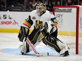 Vegas Golden Knights goaltender Robin Lehner  defends the goal against the Anaheim Ducks at Honda Center.