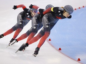 Team Canada races in the women’s team pursuit to a gold medal during the ISU World Cup Long Track Speedskating competition at Utah Olympic Oval.