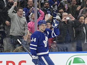 Toronto Maple Leafs forward Auston Matthews is pictured as he celebrates one of his two goals against the Columbus Blue Jackets at Scotiabank Arena on Dec. 7, 2021. Going forward, provincial COVID rules will greatly reduce the number of fans that can attend a game.