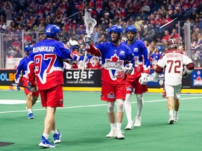 Toronto Rock players and fans celebrate a 
 goal against the  Albany FireWolves on Dec. 4, 2021, at First Ontario Centre in Hamilton.
