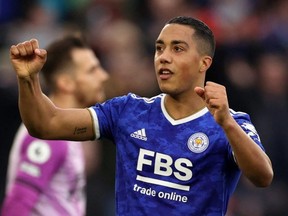 Leicester City's Youri Tielemans celebrates a goal during Premier League action against Newcastle United at King Power Stadium in Leicester, England, Sunday, Dec. 12, 2021.