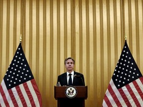 U.S. Secretary of State Antony Blinken speaks to members of the U.S. embassy and Mission Afghanistan in Doha, Qatar September 7, 2021.