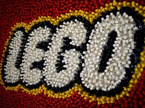 In this file photo taken on February 16, 2019 a Lego logo made of Lego pieces is pictured during the annual New York Toy Fair, at the Jacob K. Javits Convention Center in New York City.