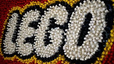 In this file photo taken on February 16, 2019 a Lego logo made of Lego pieces is pictured during the annual New York Toy Fair, at the Jacob K. Javits Convention Center in New York City.
