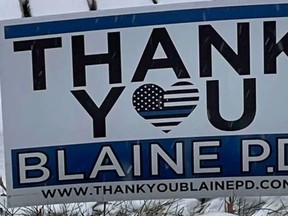 This sign outside an elderly Minnesota couple's home, which pays tribute to the Blaine Police Department, allegedly prompted an Instacart driver to scatter the homeowners' groceries across their driveway and drive over the delivered goods.