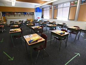 A grade six class room is shown at Hunter's Glen Junior Public School which is part of the Toronto District School Board (TDSB) during the COVID-19 pandemic in Toronto, Monday, Sept. 14, 2020.