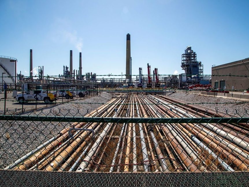General view of the Imperial Oil refinery, located near Enbridge's Line 5 pipeline, which Michigan Governor Gretchen Whitmer ordered shut down in May 2021, in Sarnia, Ont., on March 20, 2021.  
