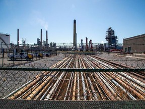 General view of the Imperial Oil refinery, located near Enbridge's Line 5 pipeline, which Michigan Governor Gretchen Whitmer ordered shut down in May 2021, in Sarnia, Ont., on March 20, 2021.