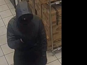 Investigators need help identifying this suspect in an armed robbery at Tim Hortons located at 675 Mohawk Rd. E. in Hamilton on Friday, Dec. 31, 2021.