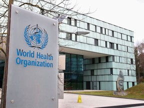 A logo is pictured outside a building of the  World Health Organization (WHO) during an executive board meeting on update on the coronavirus outbreak, in Geneva, Switzerland, February 6, 2020.