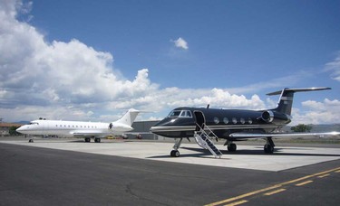 Two of Jeffrey Epstein's private jets are pictured in a court exhibit image released by the U.S. Southern District of New York. The jet, the "Lolita Express," is pictured on the left.