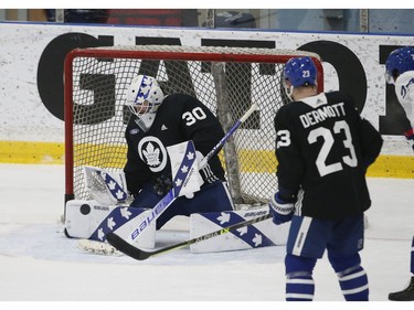 Toronto Maple Leafs Michael Hutchinson G (30) makes a save during a shooting session during practice in Toronto on Friday December 31, 2021. Jack Boland/Toronto Sun/Postmedia Network