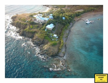 Jeffrey Epstein's island home, Little Saint James, is pictured in a court exhibit image released by the U.S. Southern District of New York.